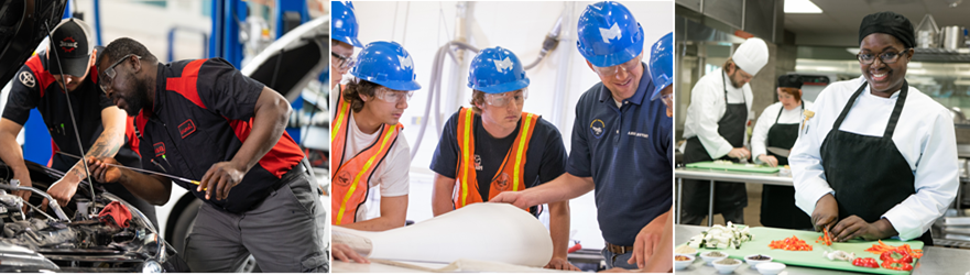 OPE电子竞技官网 students and alumni working in various professions, from left to right a chef, group of construction workers, and mechanic.